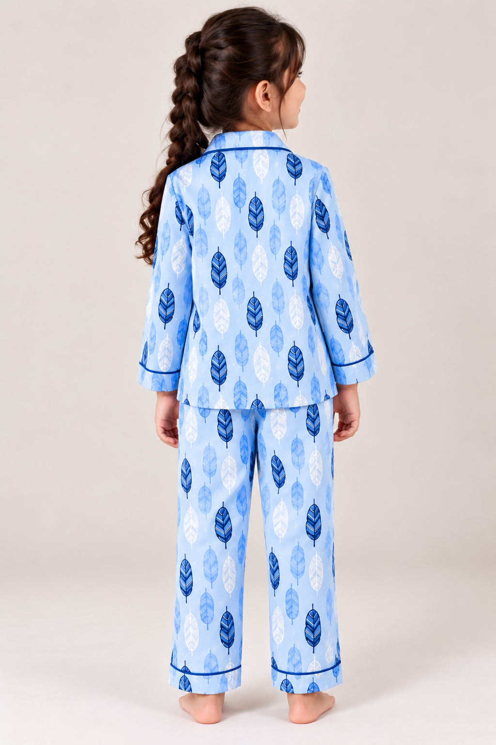 Blue Feather Cotton Flannel Long Sleeve Kids Night Suit