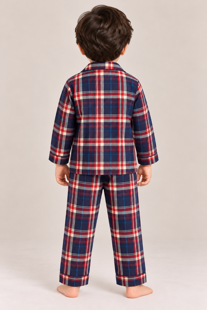 Navy Blue & Red Checked Cotton Flannel Long Sleeve Kids Night Suit