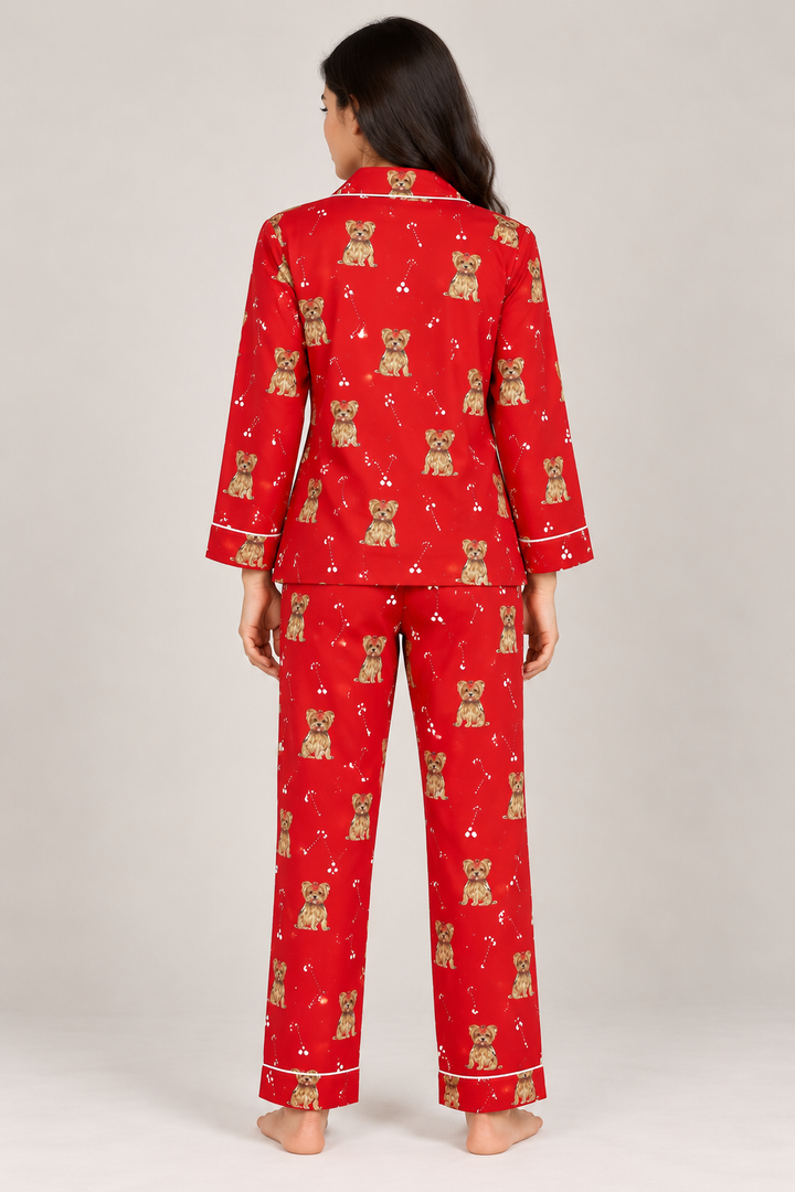 Merry Paws Red Cotton Flannel Long Sleeve Women's Night Suit