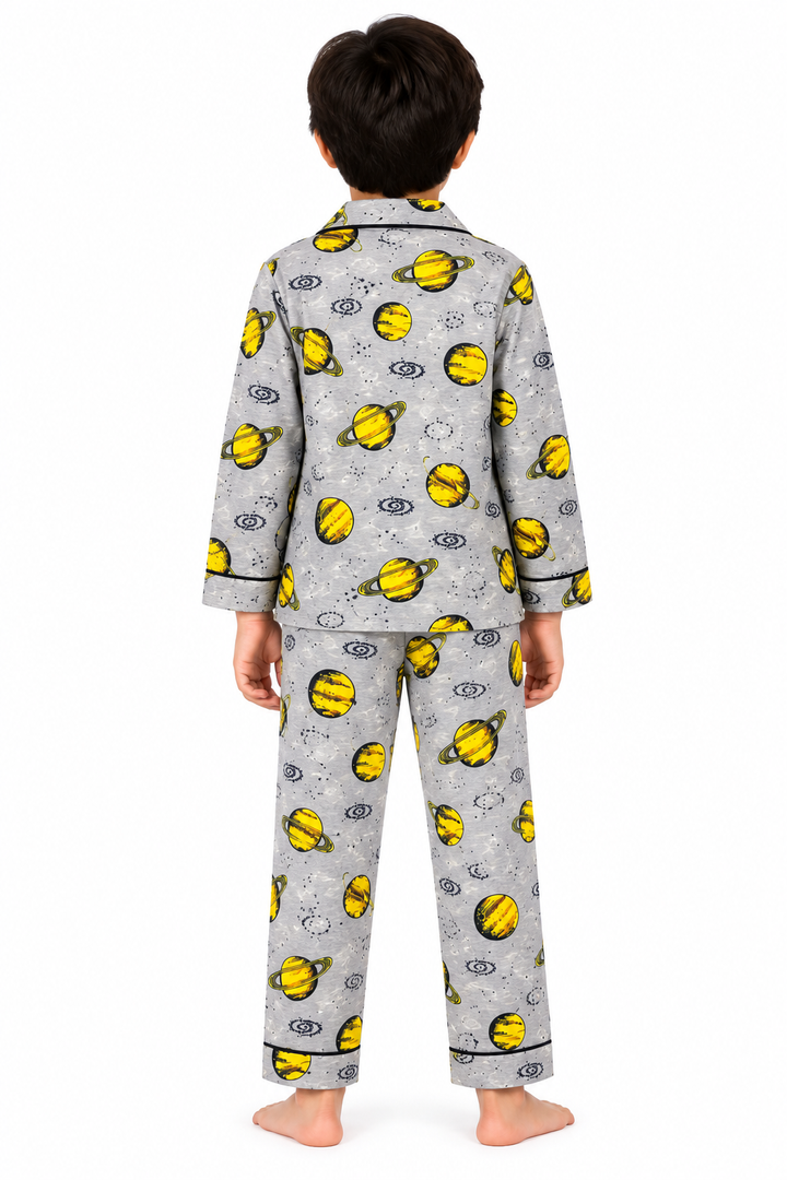 Yellow Planet Cotton Flannel Long Sleeve Kids Night Suit