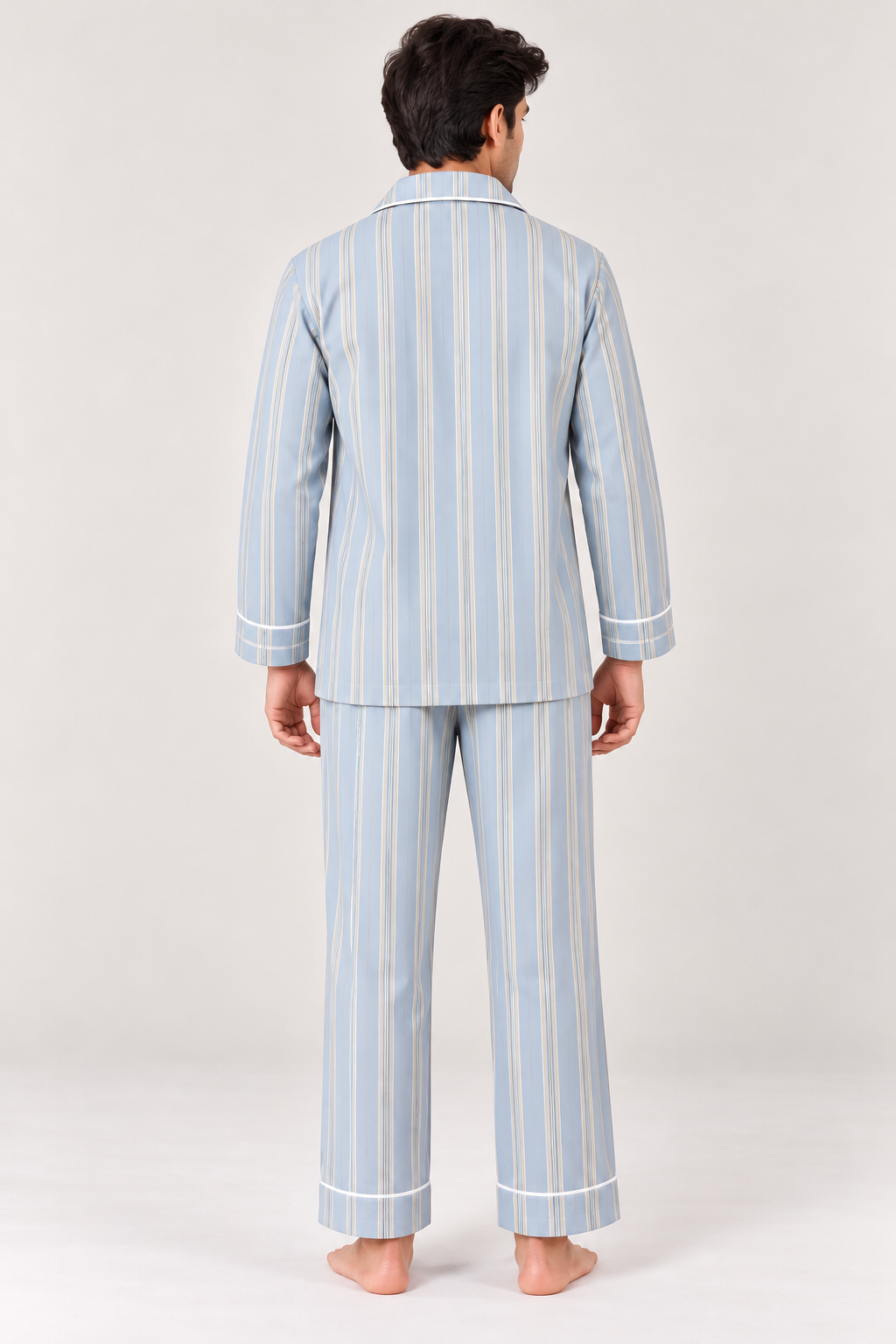 Blue Whisper Striped Cotton Flannel Long Sleeve Men's Night Suit