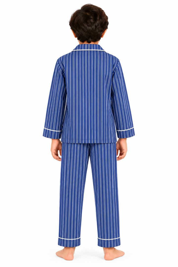 Blue & White Pinstripe Print  Long Sleeve kids Night Suit