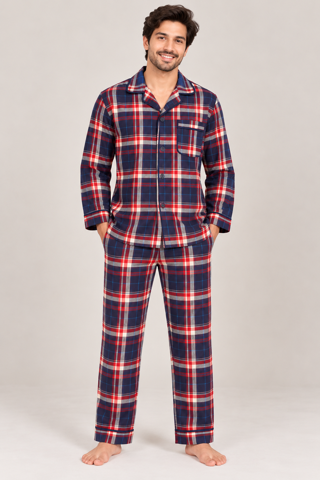 Navy Blue & Red Checked Cotton Flannel Long Sleeve Men's Night Suit