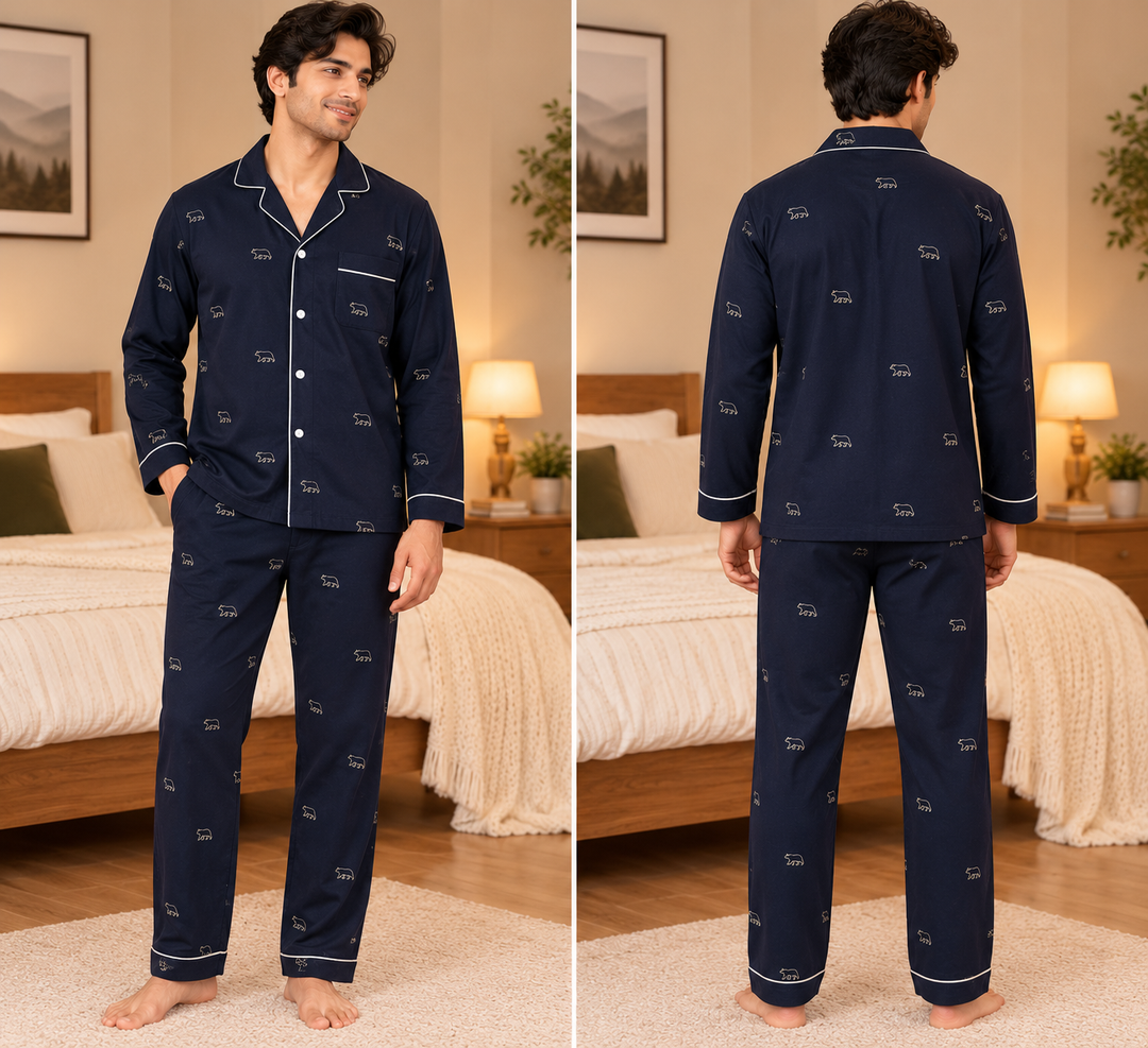 Classic Navy Bear Print  Cotton Flannel Long Sleeve Men's Night Suit