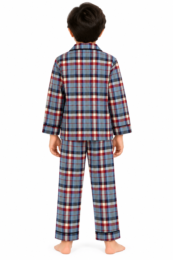 Blue Tartan Check Cotton Flannel Long Sleeve Kids Night Suit