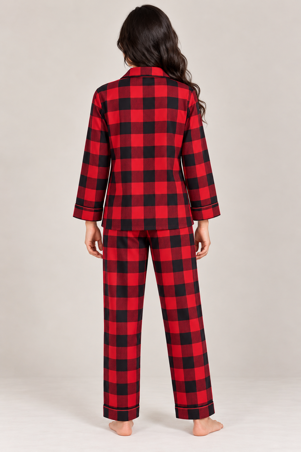 Red & Black Cotton Flannel Long Sleeve Women's Night Suit