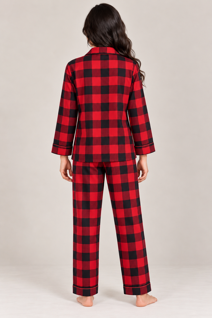 Red & Black Cotton Flannel Long Sleeve Women's Night Suit