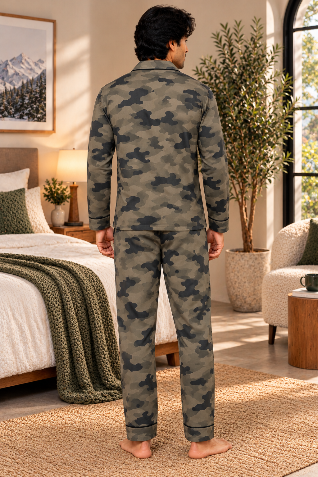Olive Shadow Print  Cotton Flannel Long Sleeve Men's Night Suit