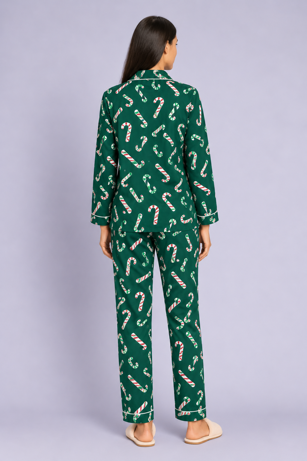 Festive Candy Cane Print Dark Green cotton Flannel Long Sleeve Women's Night Suit