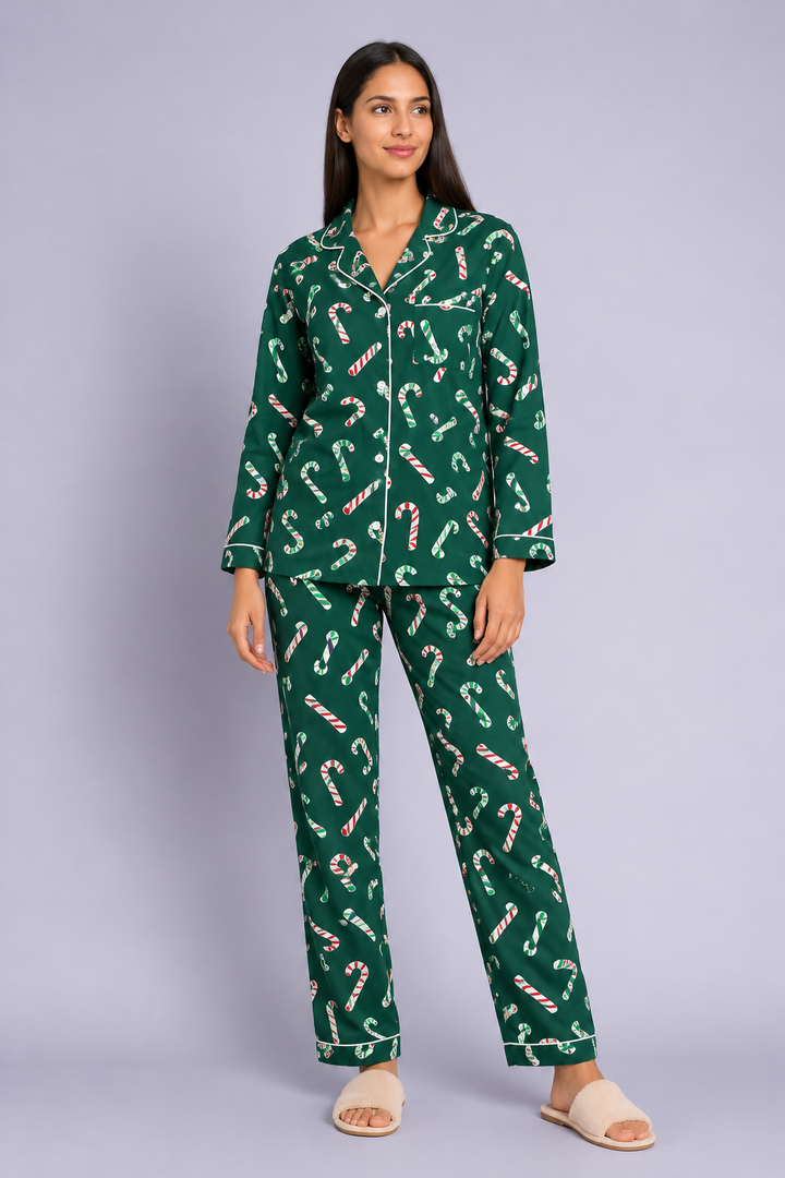 Festive Candy Cane Print Dark Green cotton Flannel Long Sleeve Women's Night Suit
