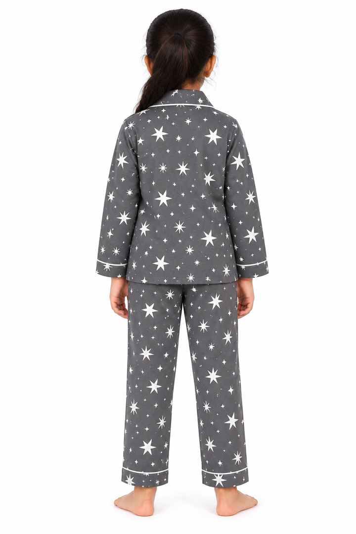 Grey Starry Nights Cotton Flannel Long Sleeve Kids Night Suit