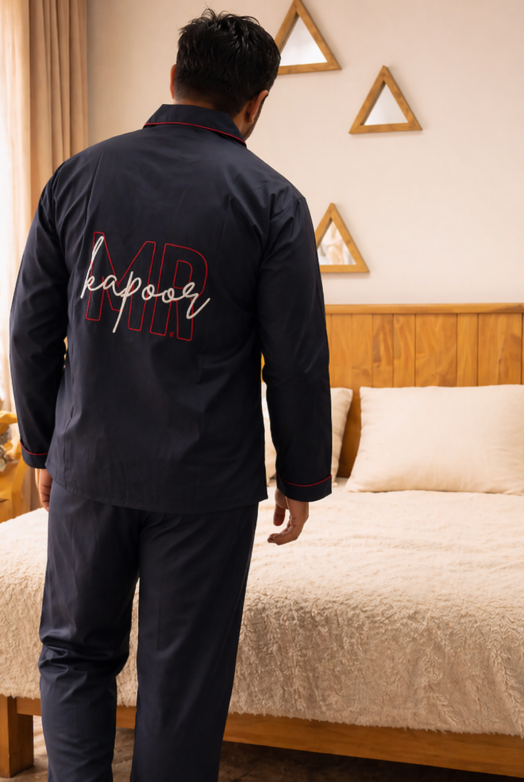 Mr Customised Last Name Embroidered Long Sleeve Men's Night Suit ( Name / Initial on Front Pocket )