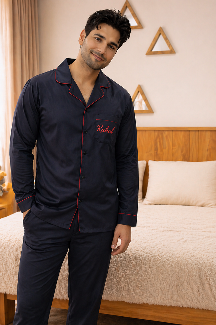 Mr Customised Last Name Embroidered Long Sleeve Men's Night Suit ( Name / Initial on Front Pocket )