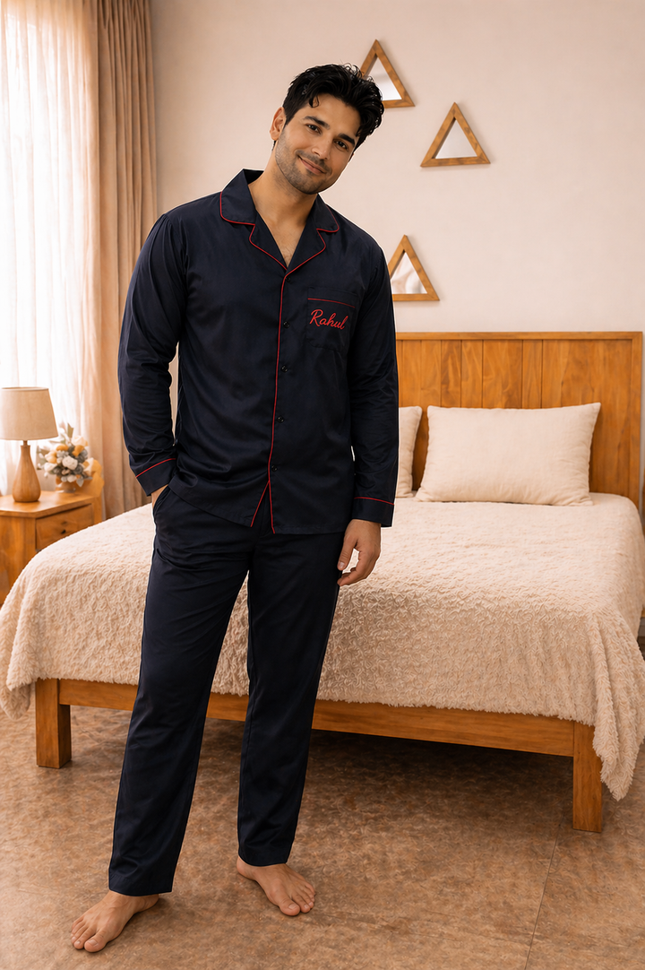 Mr Customised Last Name Embroidered Long Sleeve Men's Night Suit ( Name / Initial on Front Pocket )