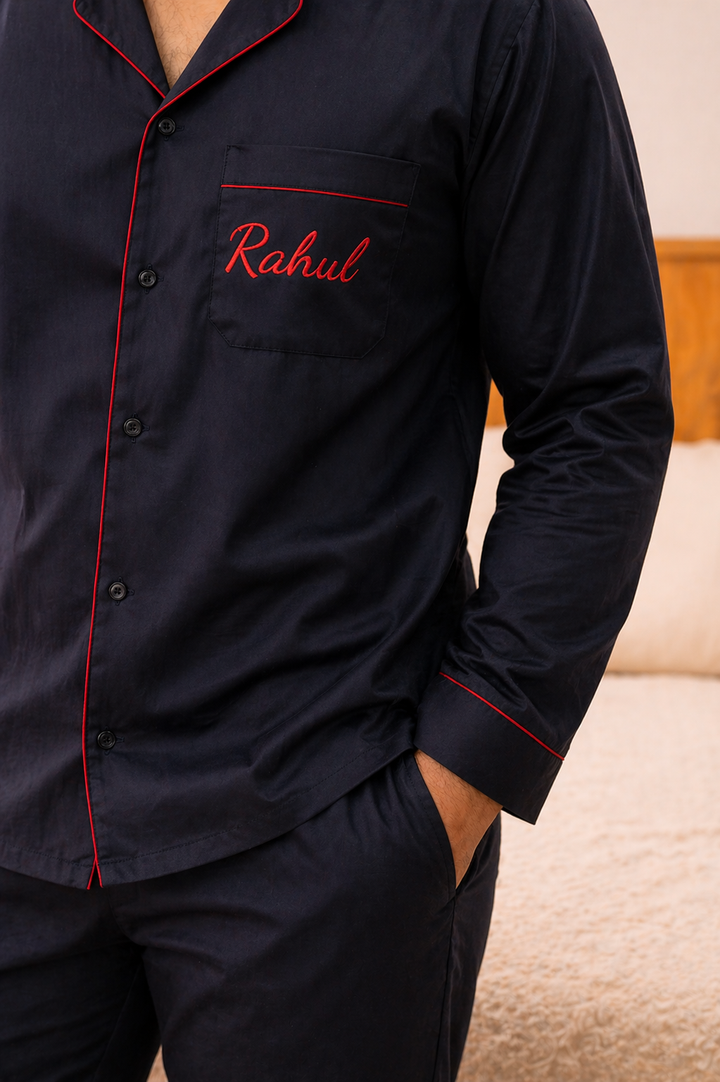 Mr Customised Last Name Embroidered Long Sleeve Men's Night Suit ( Name / Initial on Front Pocket )