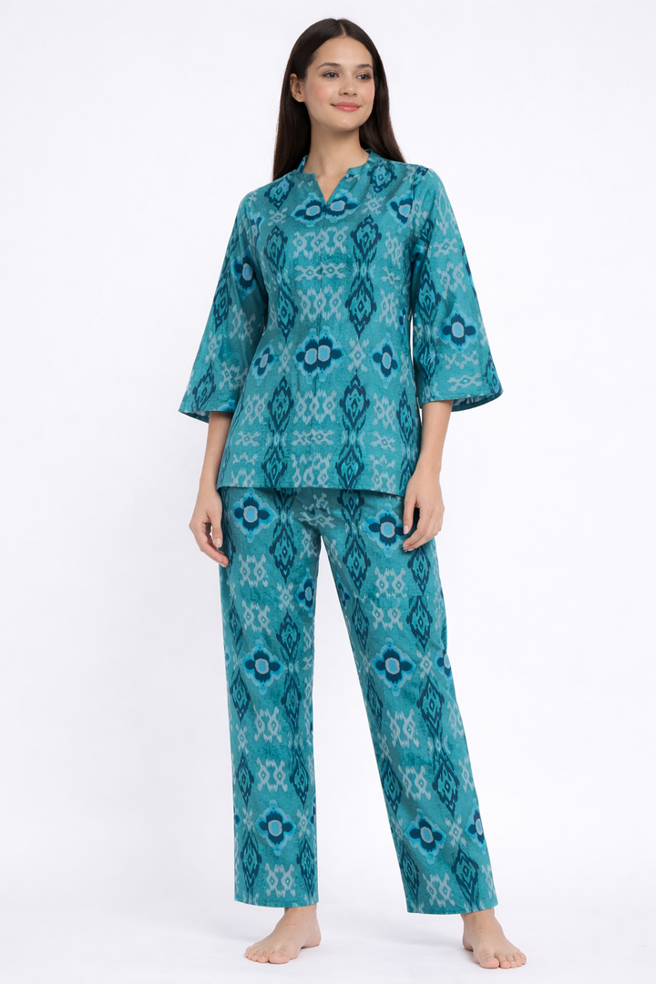Blue Ikat Print V Neck Women's Night Suit