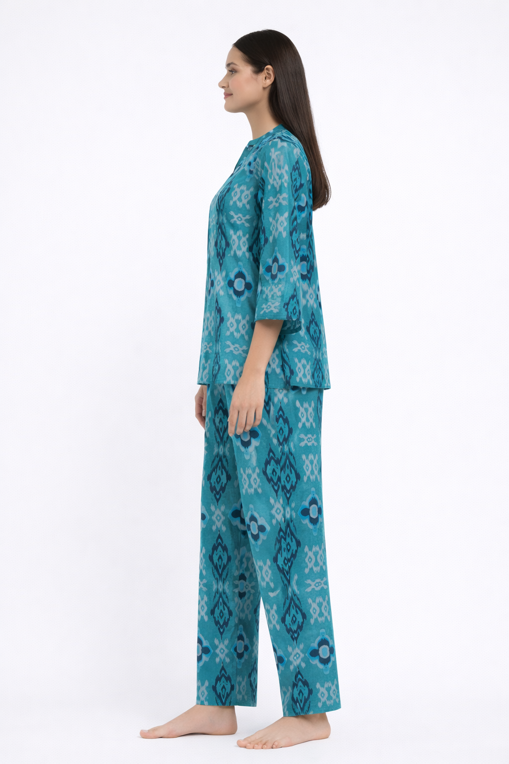 Blue Ikat Print V Neck Women's Night Suit