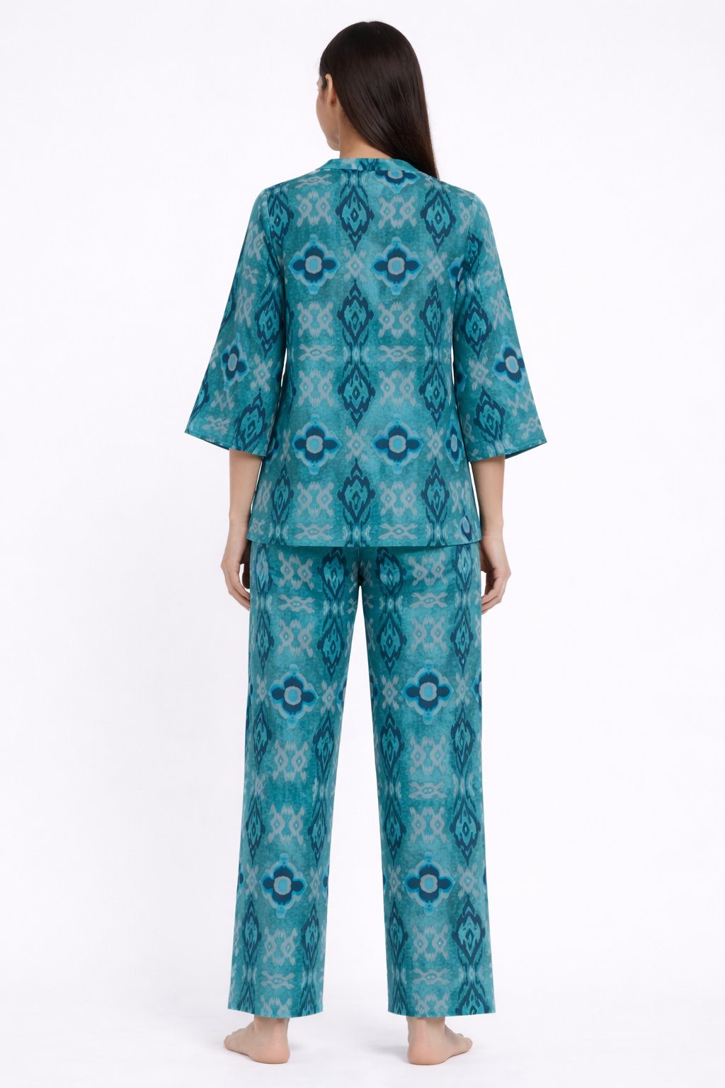 Blue Ikat Print V Neck Women's Night Suit