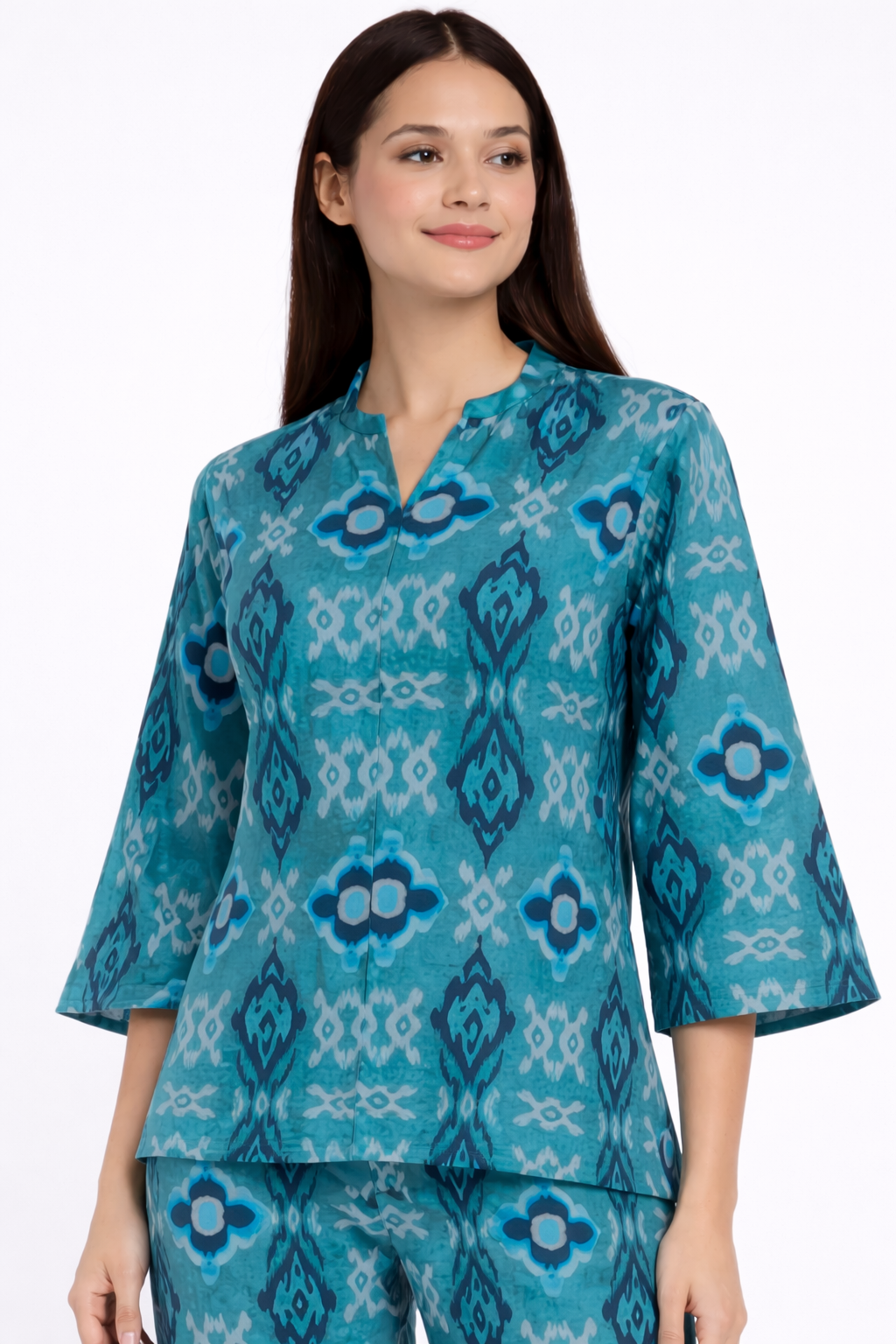 Blue Ikat Print V Neck Women's Night Suit