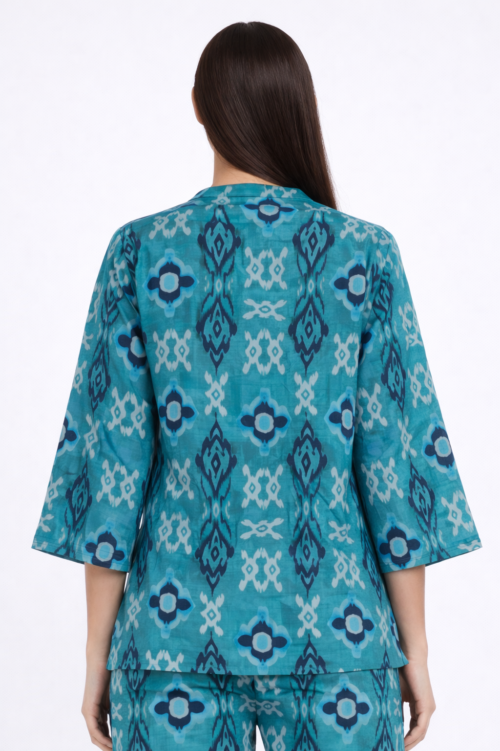 Blue Ikat Print V Neck Women's Night Suit