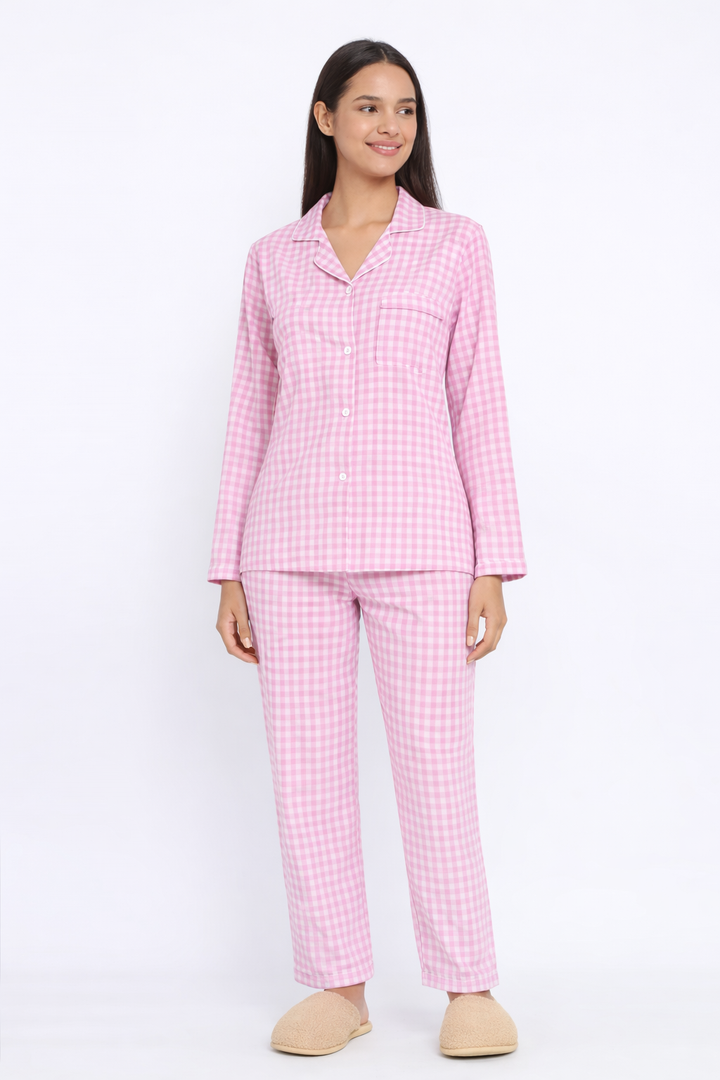 Pink Checkered Print Long Sleeve Women's Night Suit