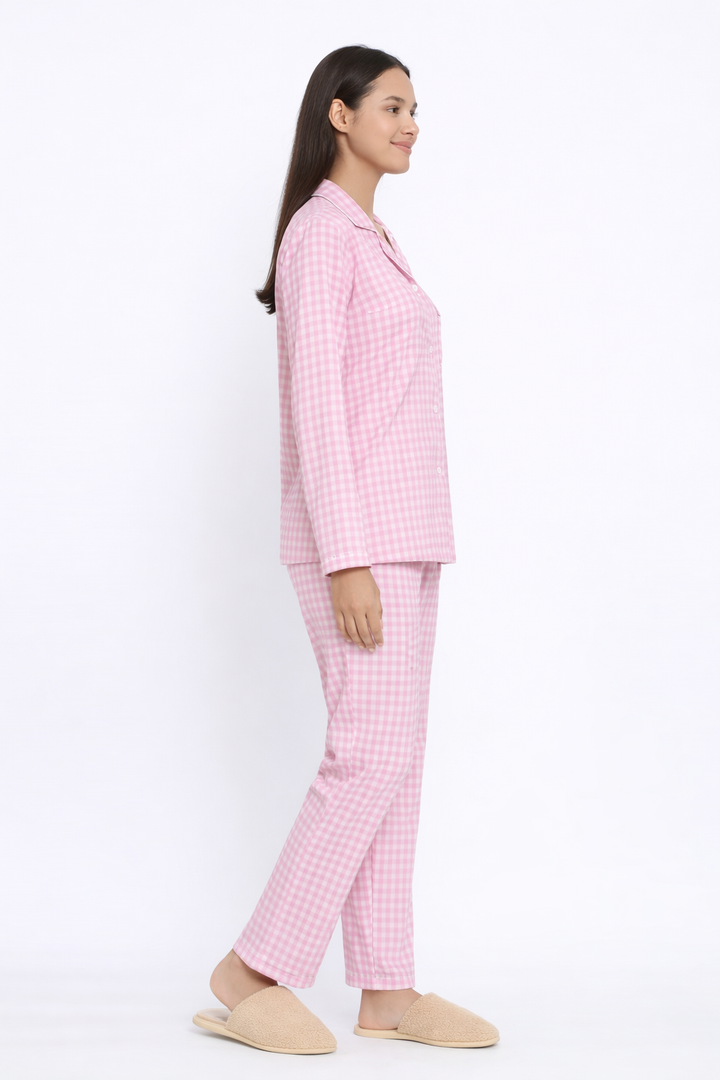 Pink Checkered Print Long Sleeve Women's Night Suit