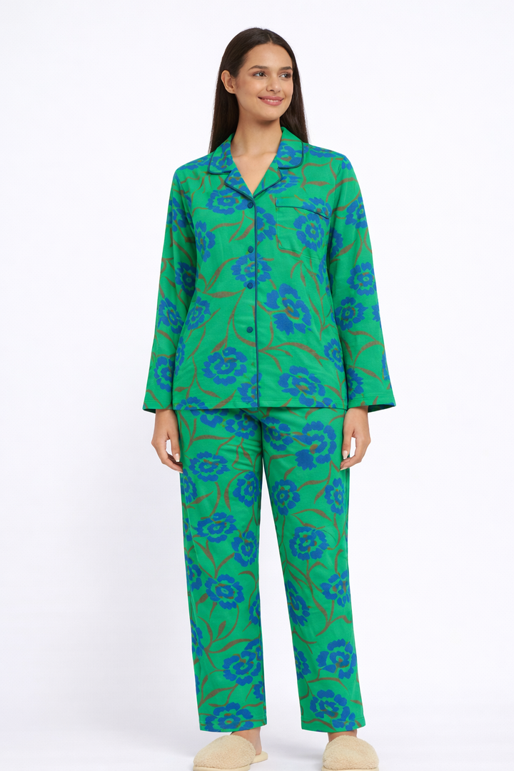 Blue Floral Print Long Sleeve Women's Night Suit