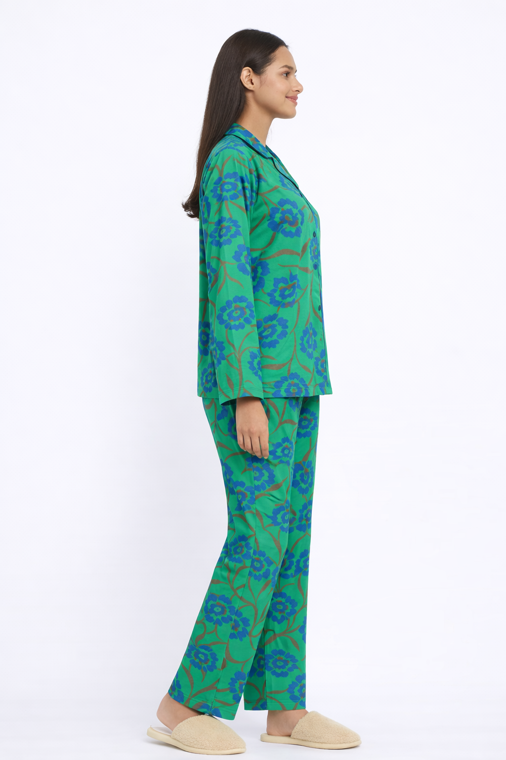 Blue Floral Print Long Sleeve Women's Night Suit