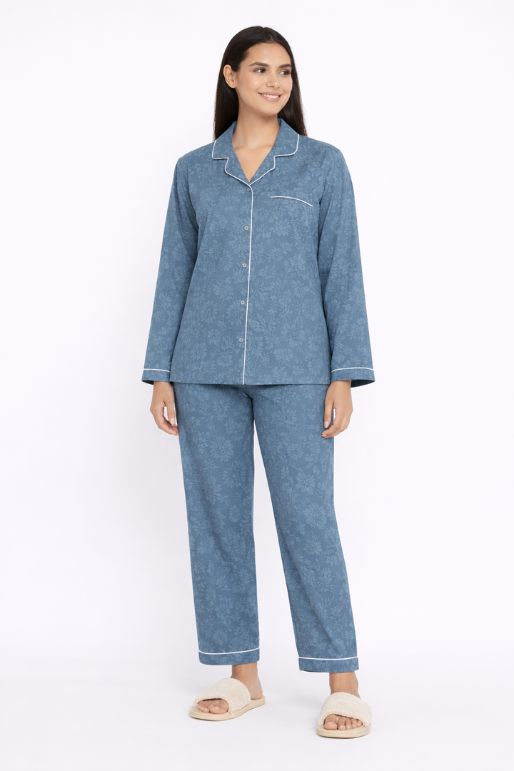 Grey Floral Print Long Sleeve Women's Night Suit