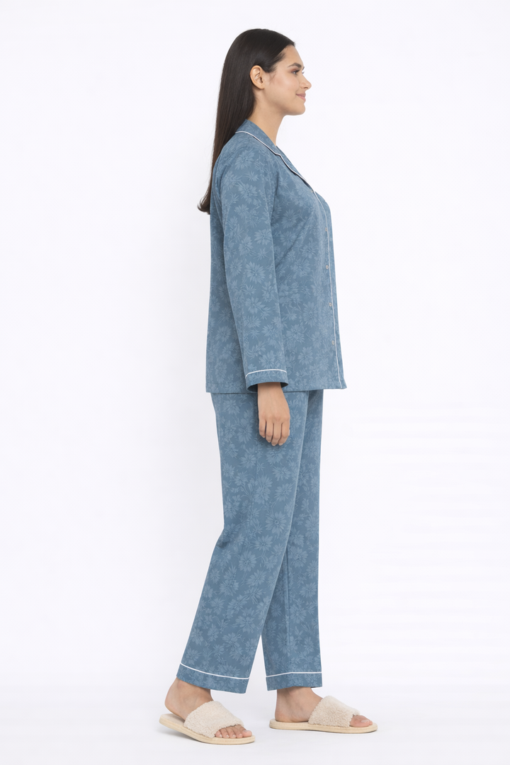 Grey Floral Print Long Sleeve Women's Night Suit