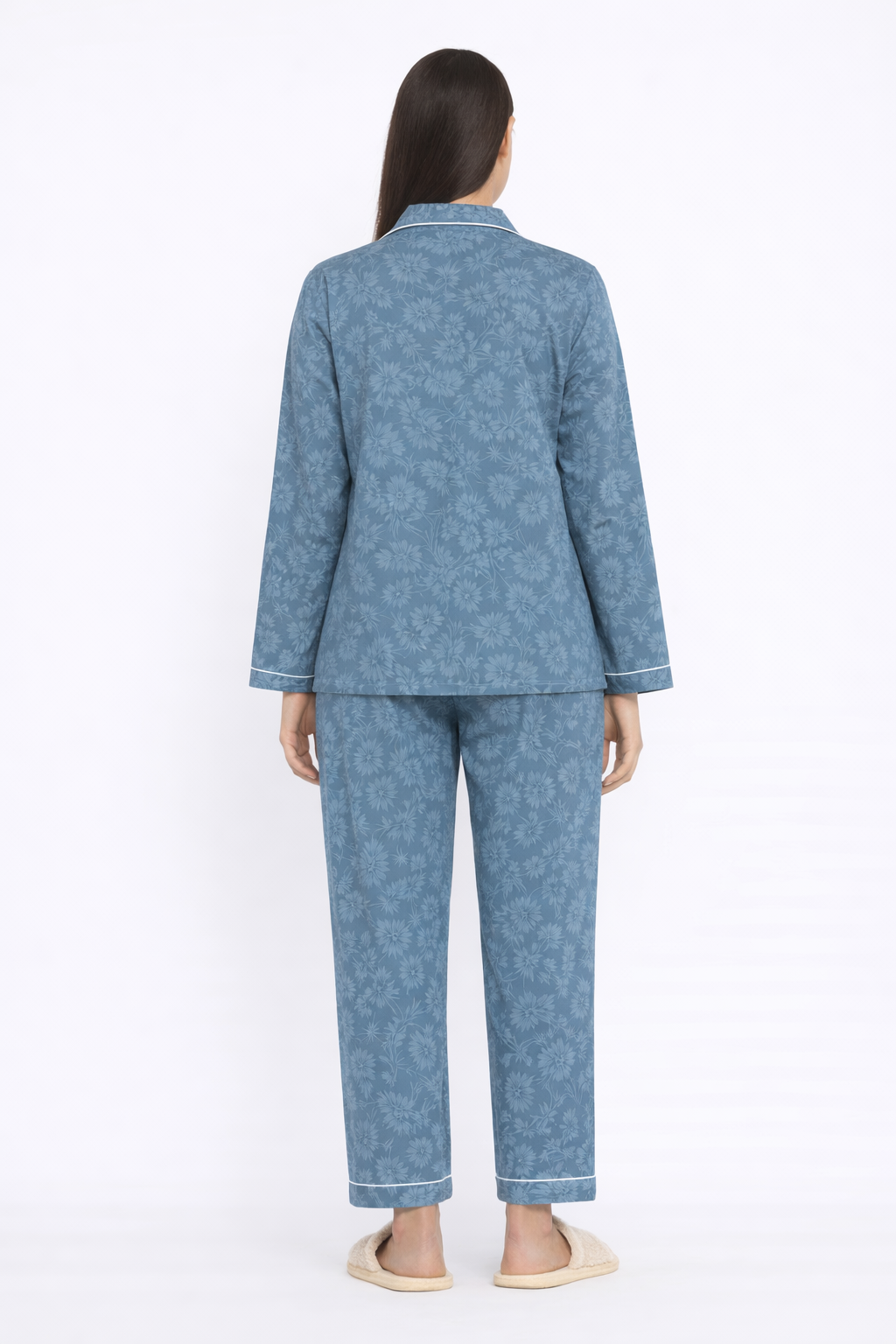 Grey Floral Print Long Sleeve Women's Night Suit