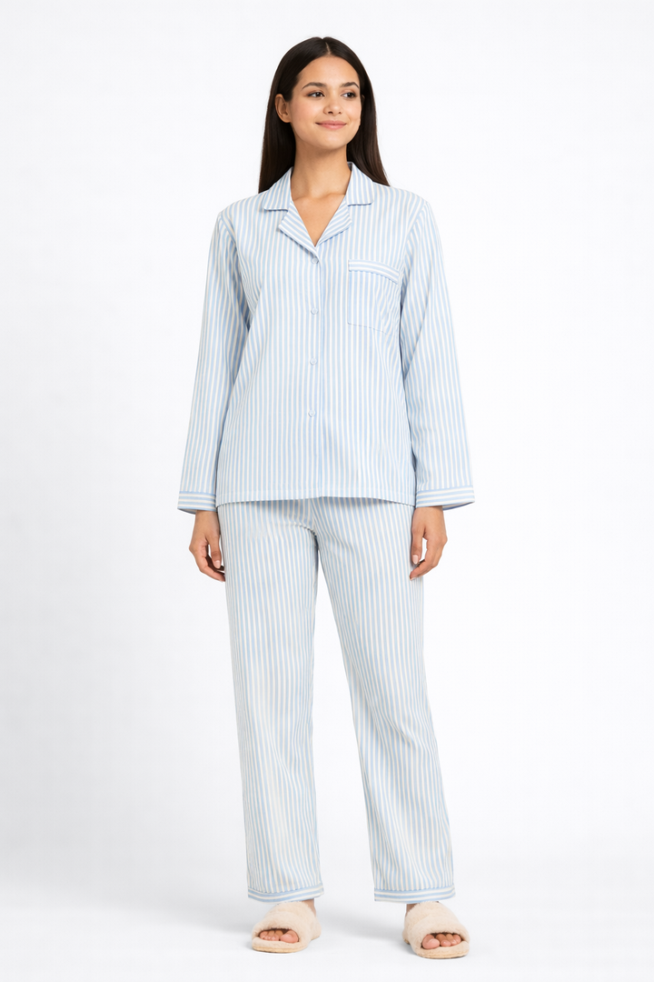 Light Blue Stripe Long Sleeve Women's Night Suit