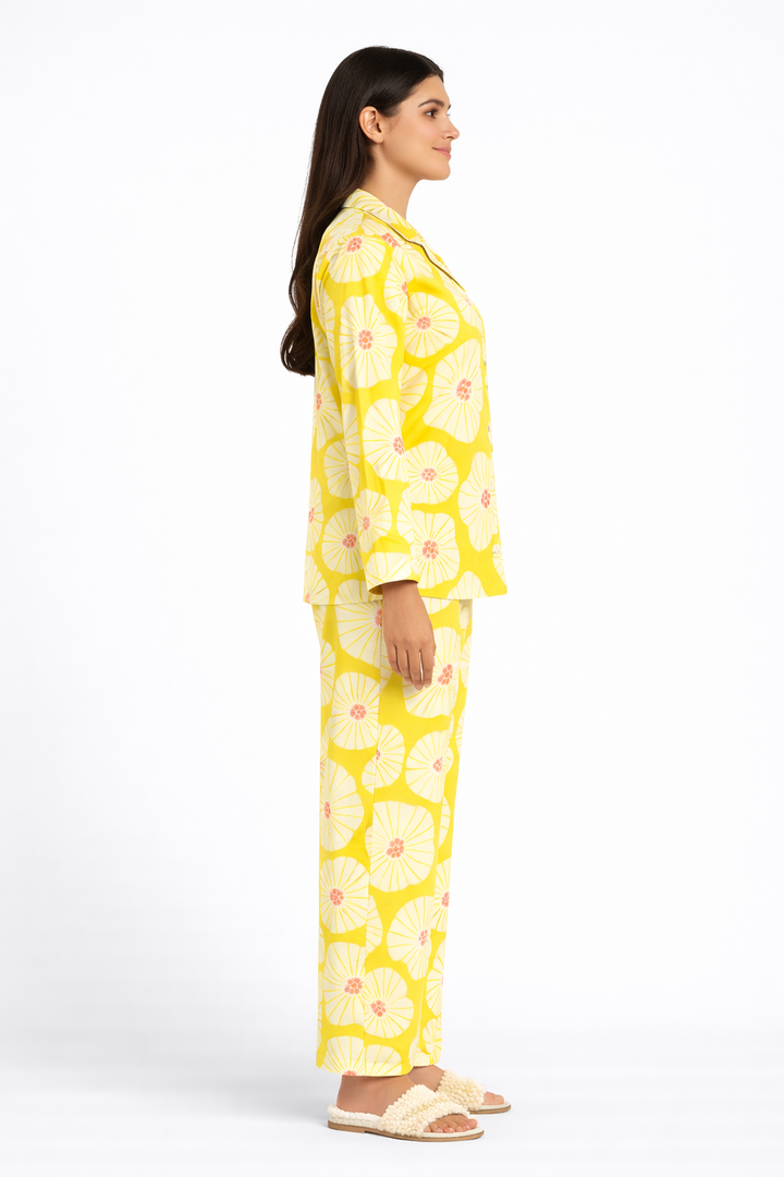 Yellow Floral Print Long Sleeve Women's Night Suit
