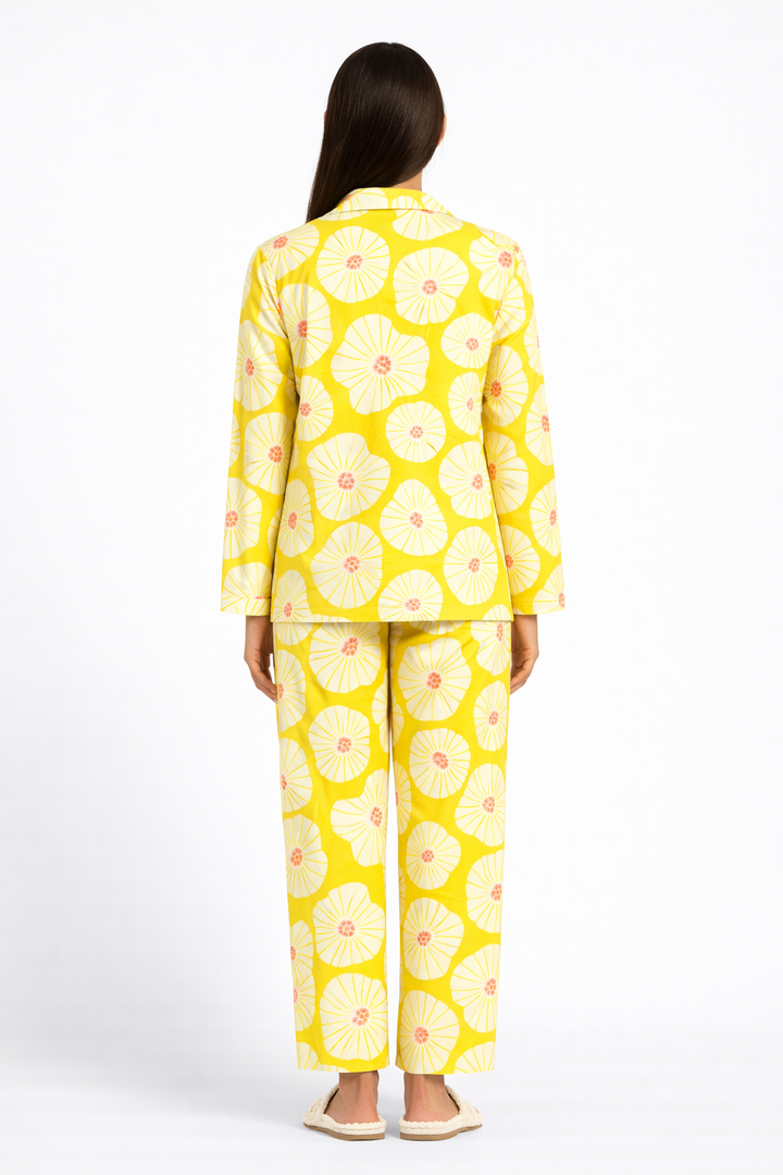 Yellow Floral Print Long Sleeve Women's Night Suit