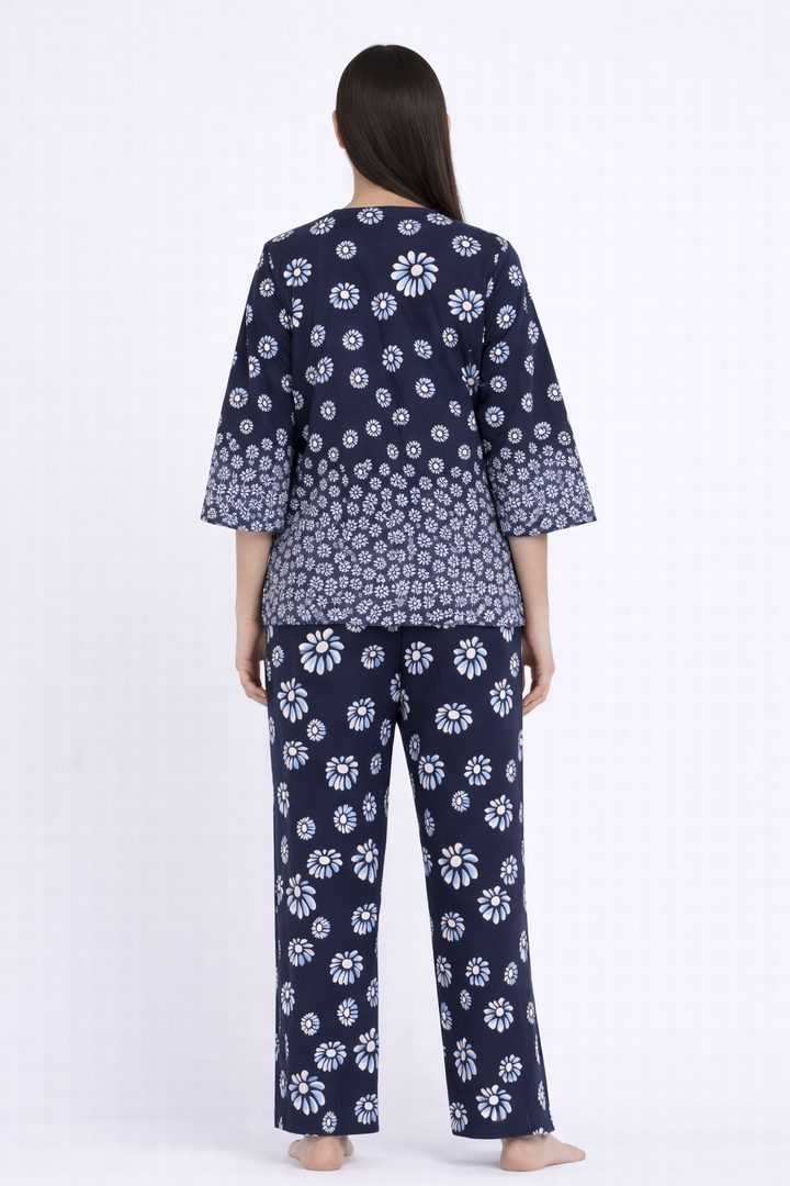 Multi Flowers Print V Neck Women's Night Suit