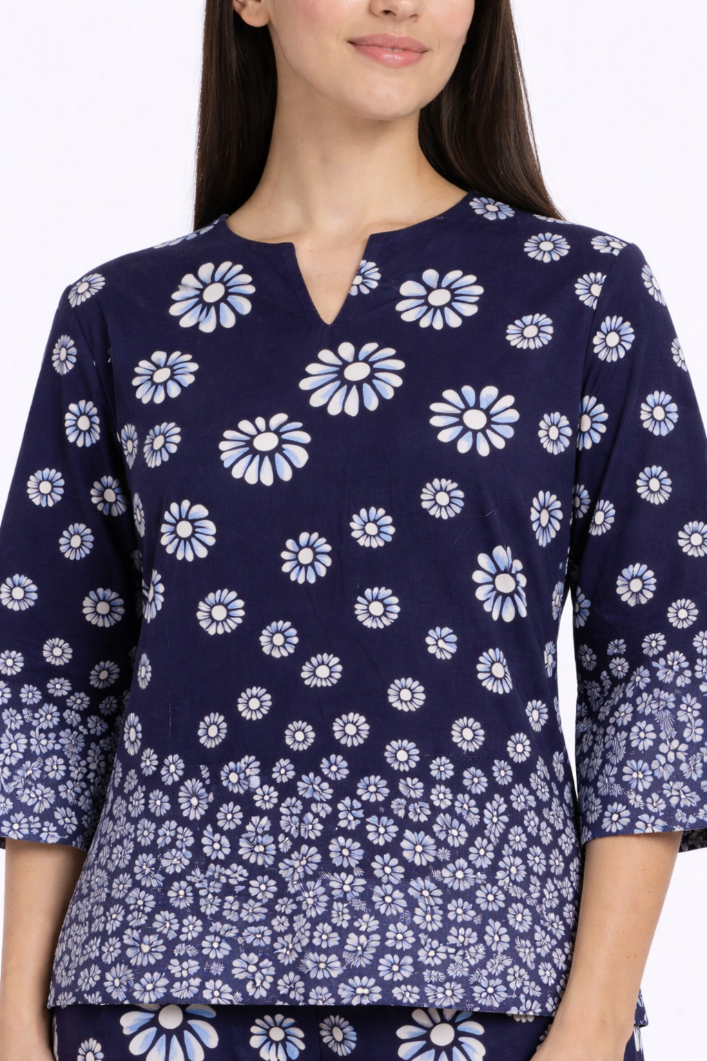 Multi Flowers Print V Neck Women's Night Suit