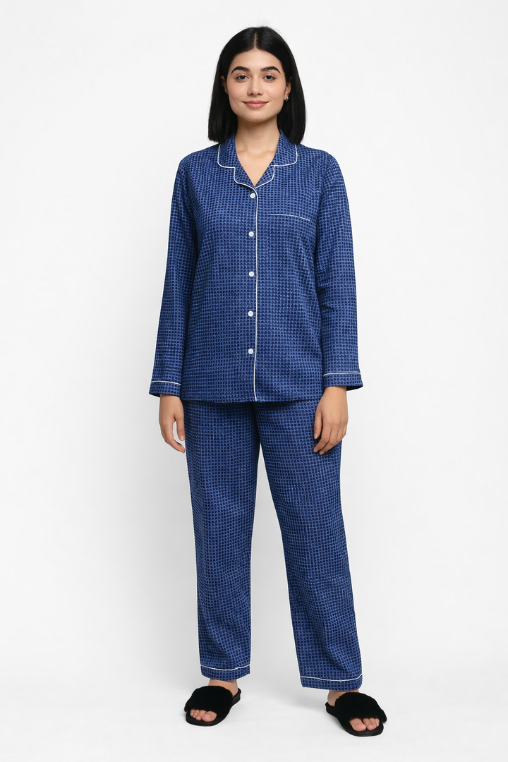 Blue Geometric Print Long Sleeve Women's Night Suit