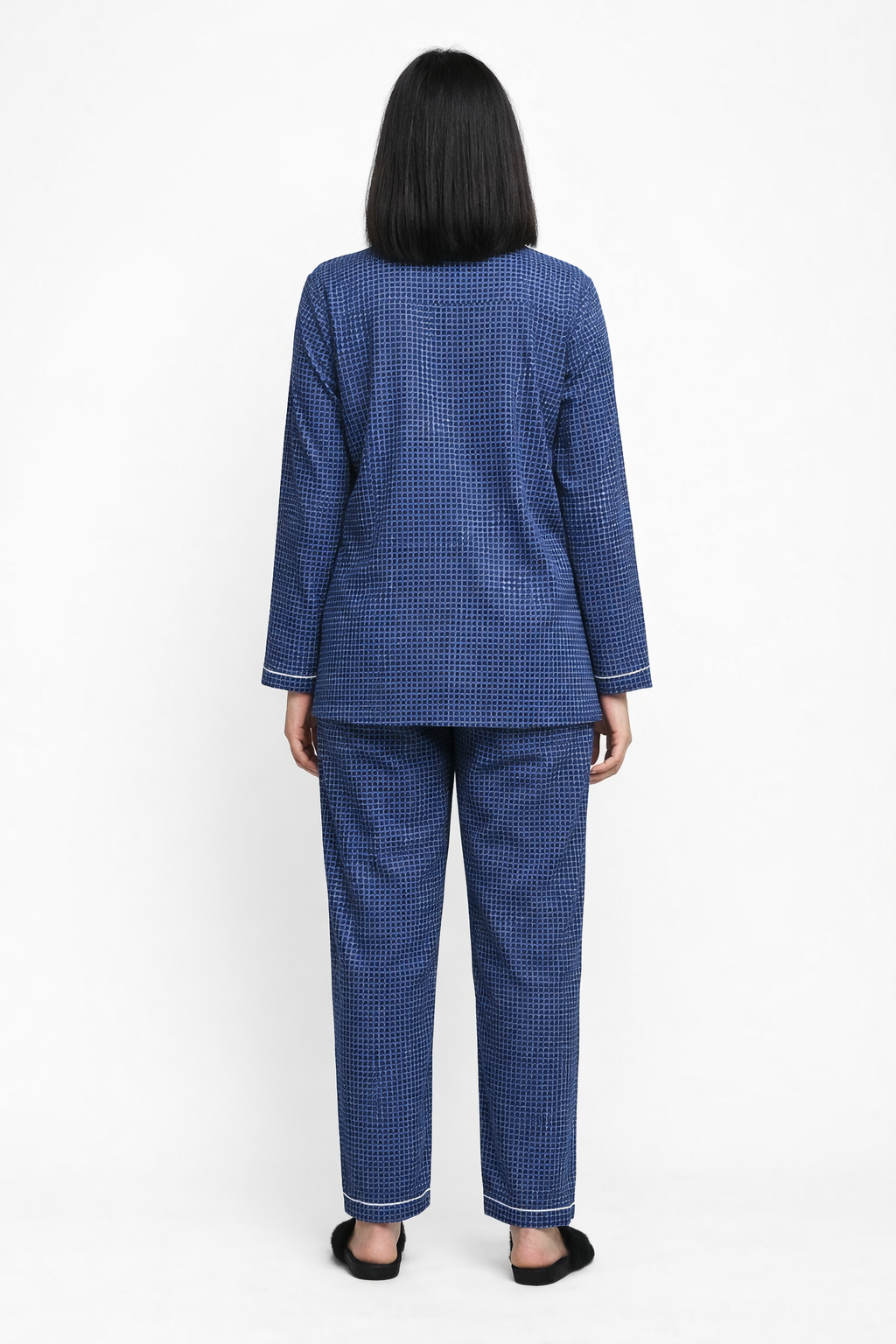 Blue Geometric Print Long Sleeve Women's Night Suit