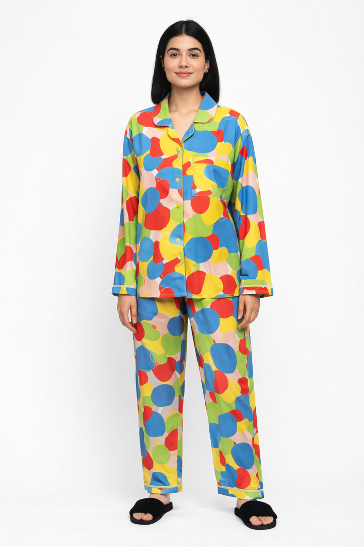 Colorful Dots Print Long Sleeve Women's Night Suit