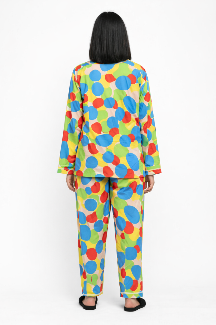 Colorful Dots Print Long Sleeve Women's Night Suit