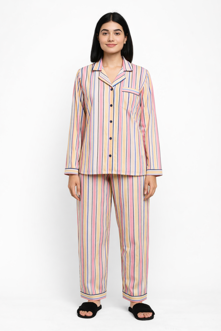 Multicolored Stripe Print Long Sleeve Women's Night Suit