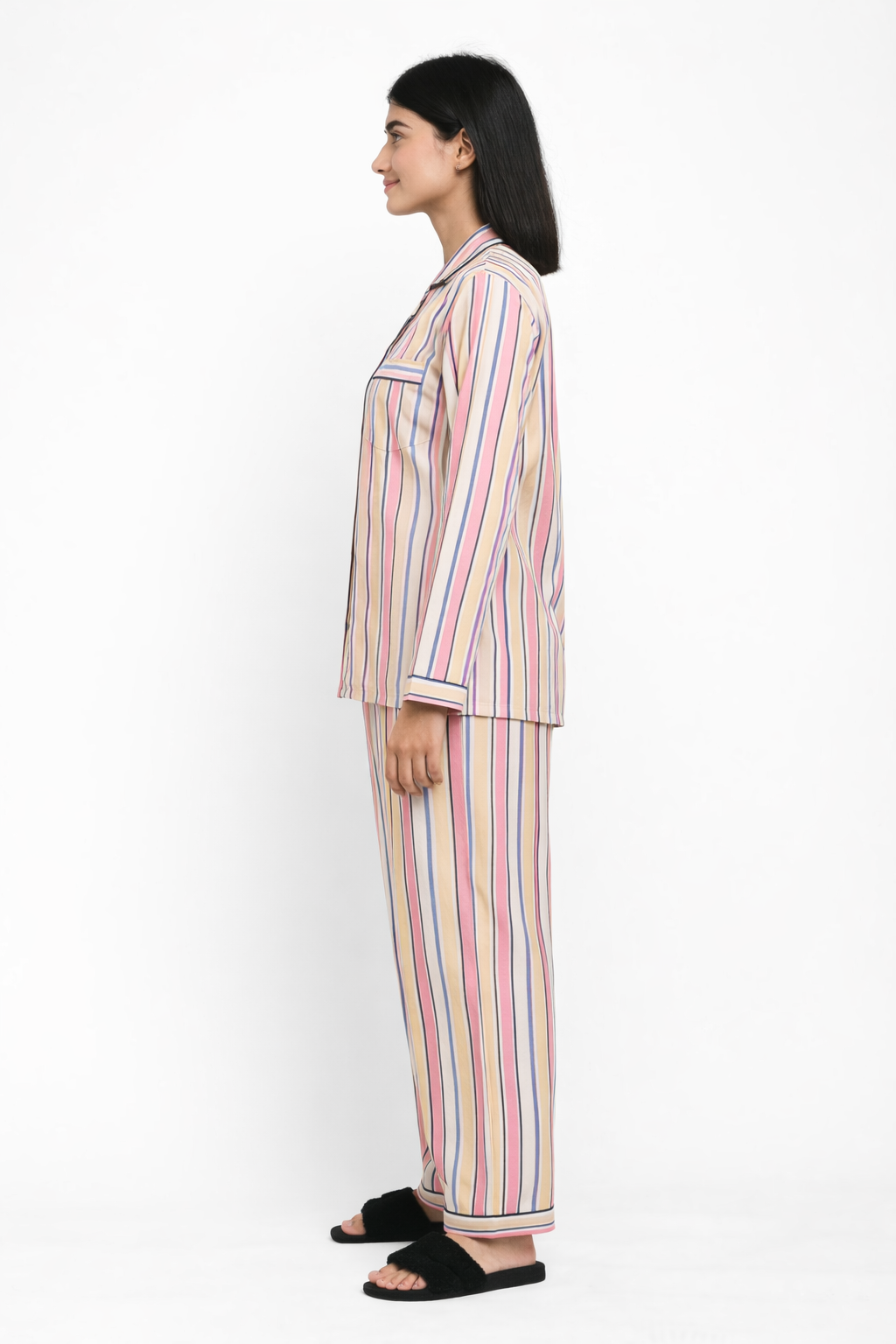 Multicolored Stripe Print Long Sleeve Women's Night Suit