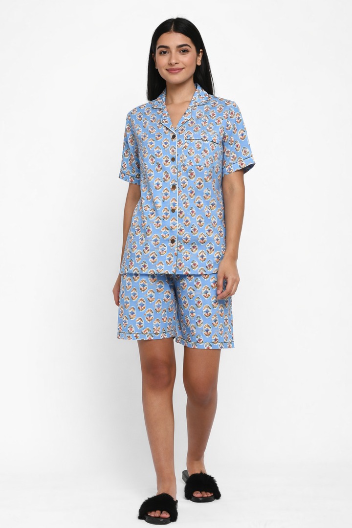 Sage Blue Print Short Sleeve Women's Boxer Set