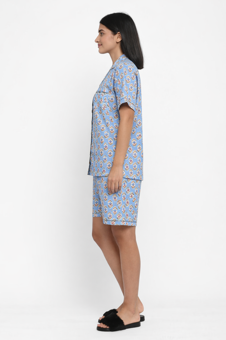 Sage Blue Print Short Sleeve Women's Boxer Set