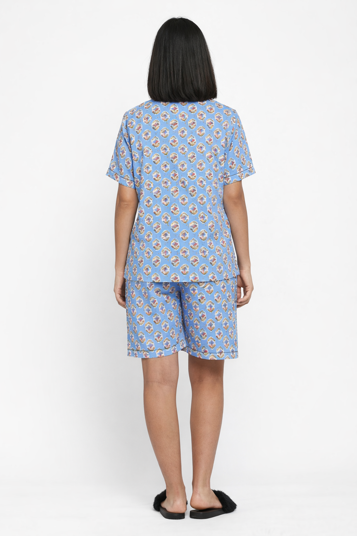Sage Blue Print Short Sleeve Women's Boxer Set