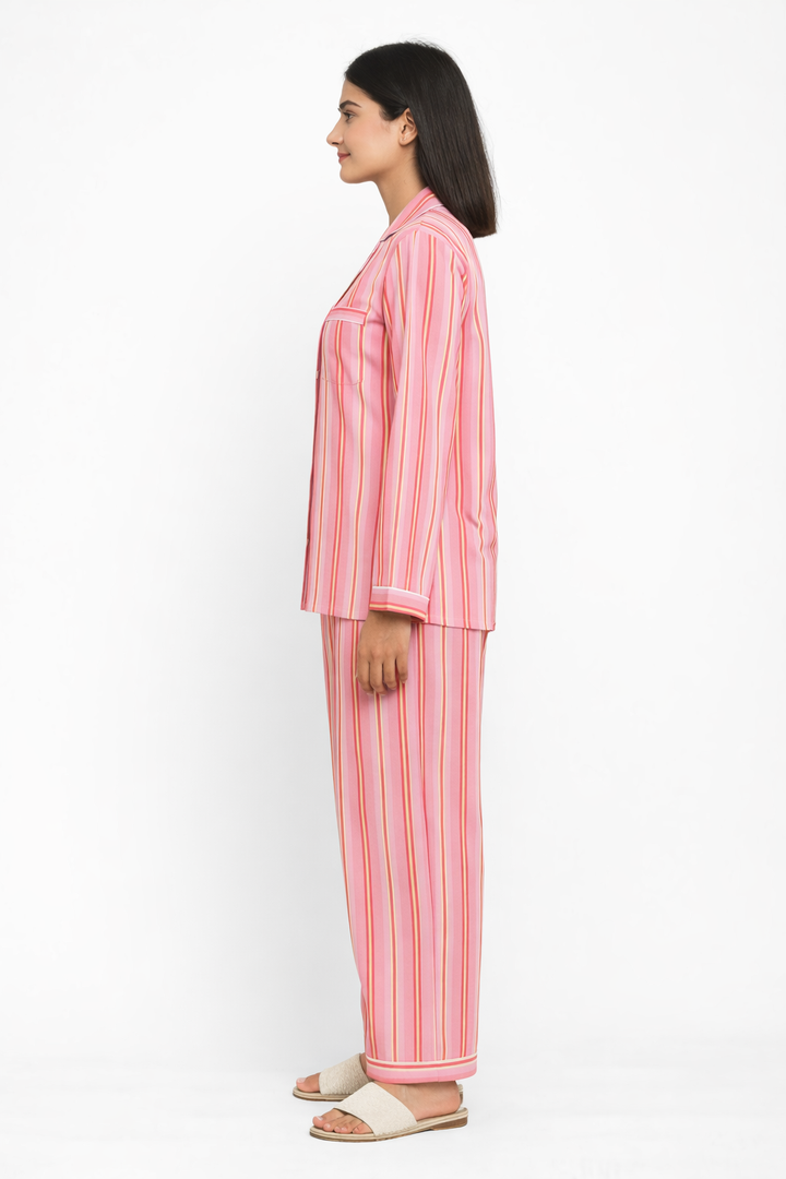 Pink Bold Stripes Print Long Sleeve Women's Night Suit