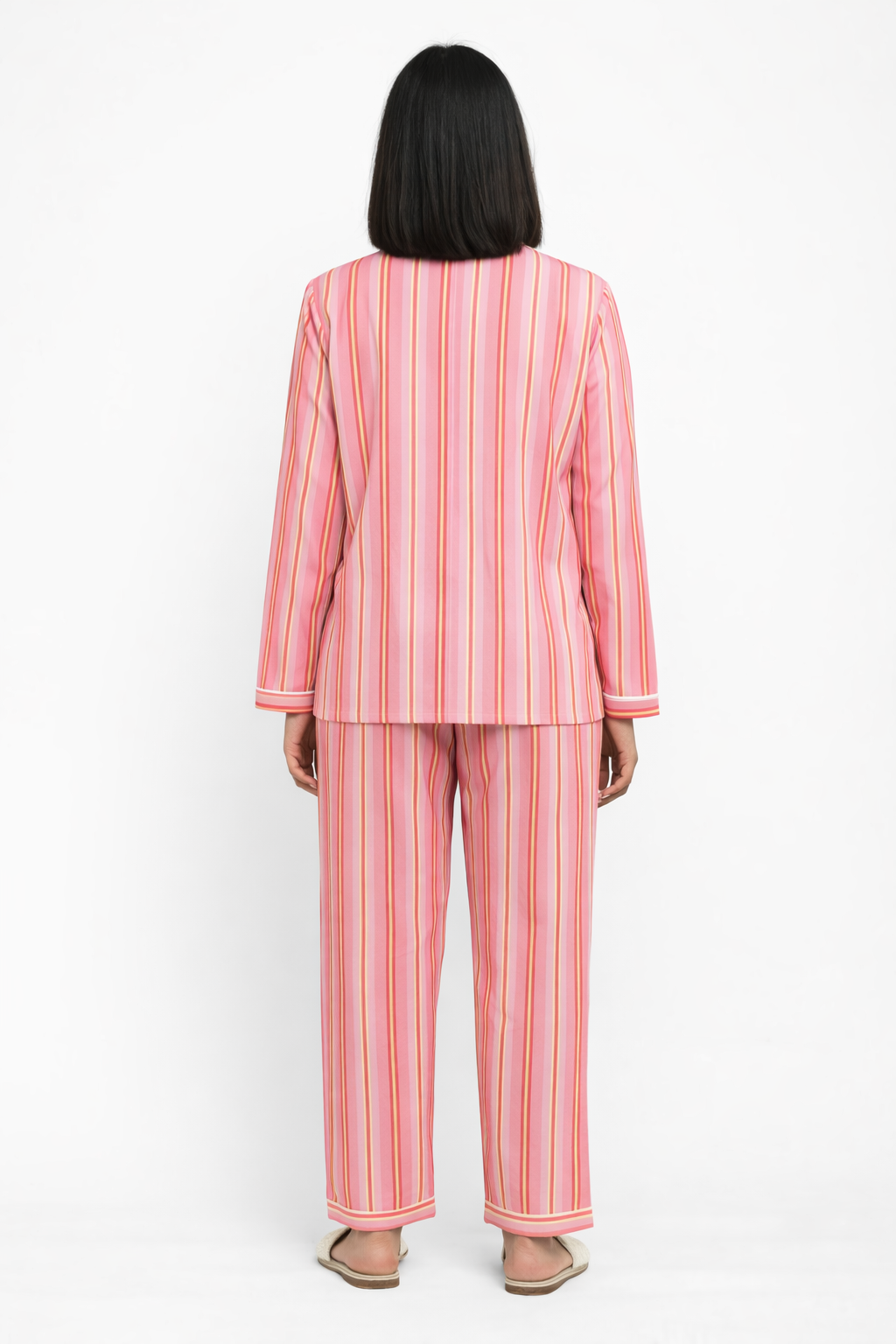 Pink Bold Stripes Print Long Sleeve Women's Night Suit