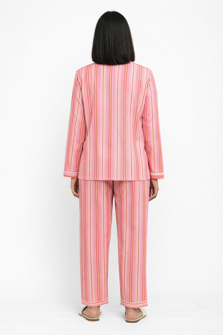 Pink Bold Stripes Print Long Sleeve Women's Night Suit