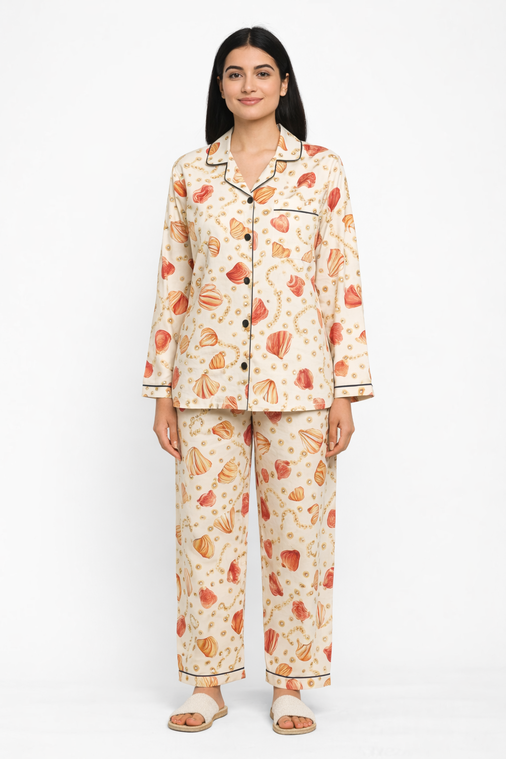 Sea Shells Print Long Sleeve Women's Night Suit