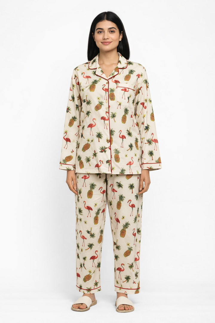 Tropical Snooze Print Long Sleeve Women's Night Suit